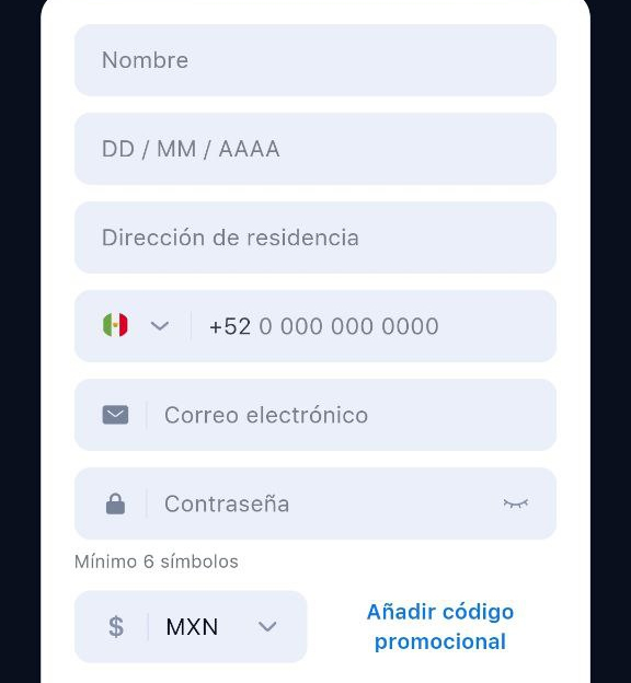 Formulario de inscripción en la aplicación móvil para Android