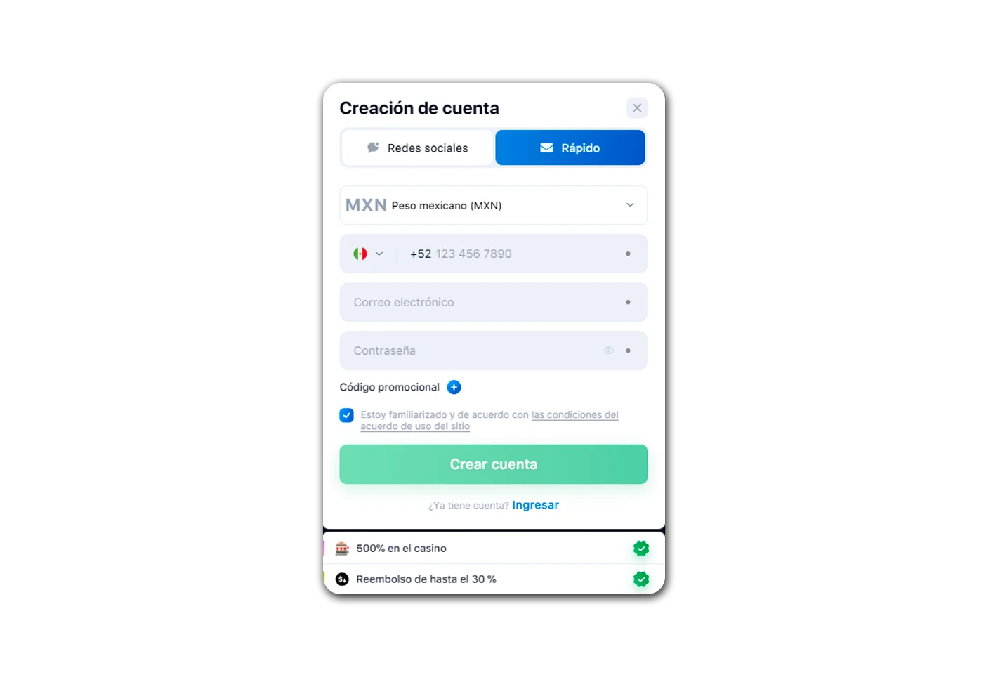 Sección de registro de cuentas